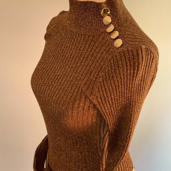 INC Copper Brown Metallic Rib Knit Sweater with Gold Shoulder Buttons NWT - Picture 7 of 16